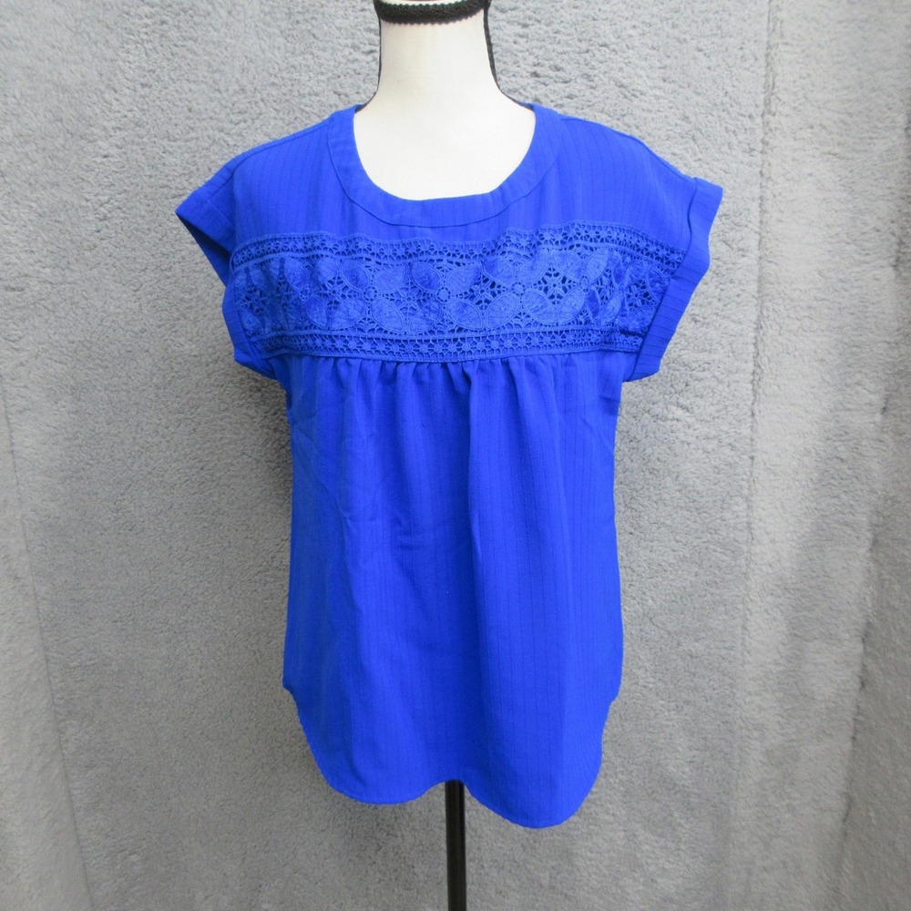 Crochet Lace Babydoll Blouse Womens M Cobalt Blue Button Back Boho Coquette